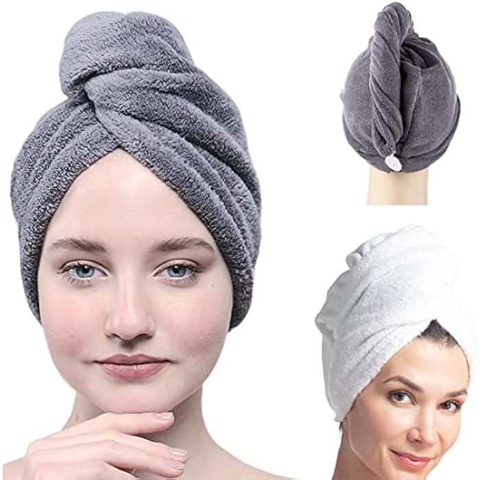 YEFAF 2 Pack Microfiber Hair Towel Wrap, Fast Drying with Button, Soft Super Absorbent for Long & Curly Hair, Anti-Frizz - Image 1